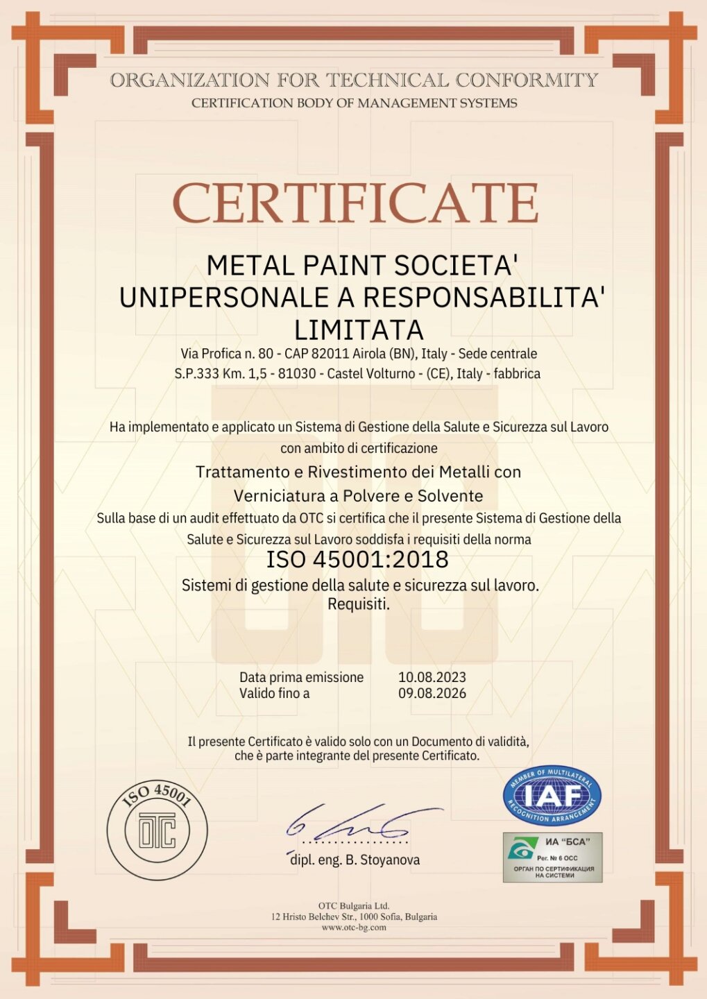 certificato ISO 45001:2018
