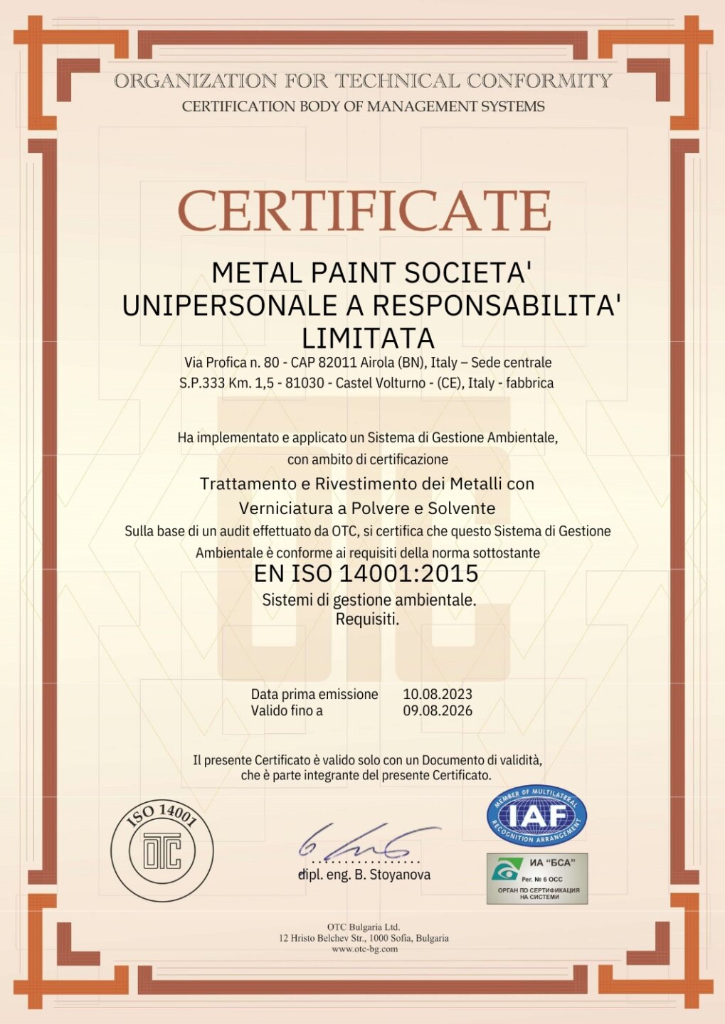 CERTIFICATO ISO 14001:2015