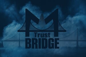 Cosa è Trust Bridge: il logo ufficiale del progetto Metal Paint Trust Bridge al centro di un design grafico digitale ispirato alla verniciatura industriale a polvere, con sfondo tecnologico e ambientazione tecnica moderna